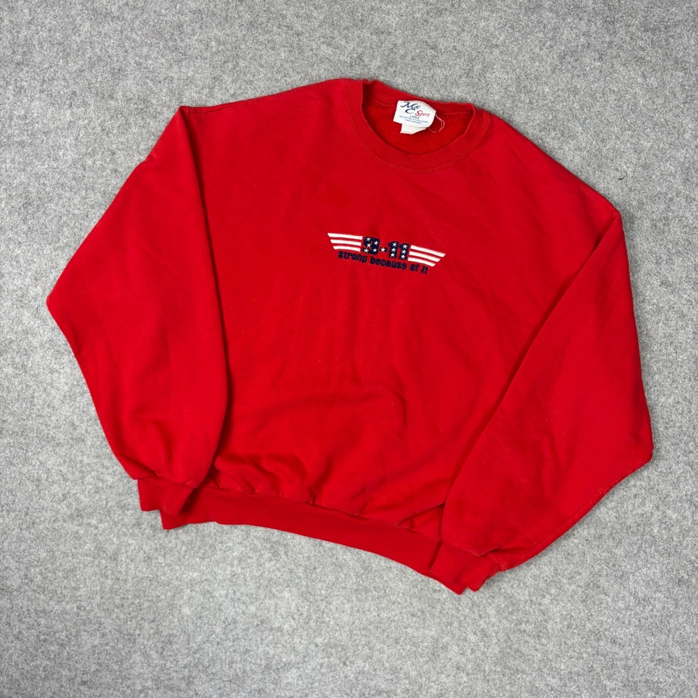 Vintage MC Sport 9-11 Strong Because of It Red Crewneck Sweatshirt Mens Large